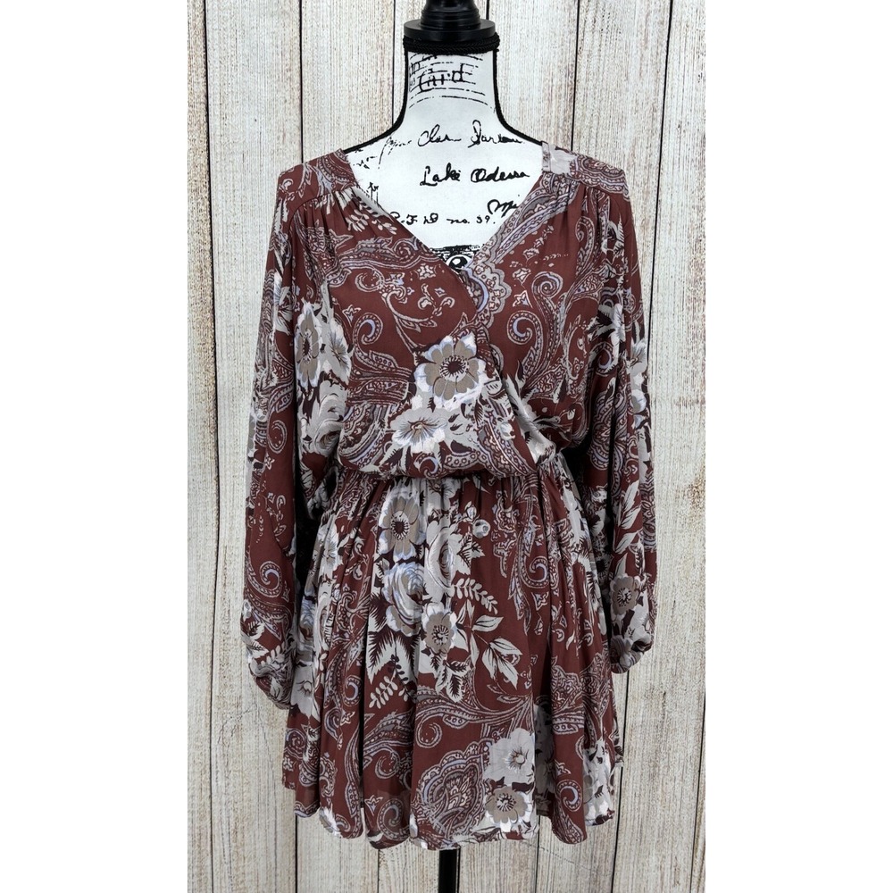 Free People High Plains Mini Dress Size XS Brown Paisley Floral Boho Long Sleeve